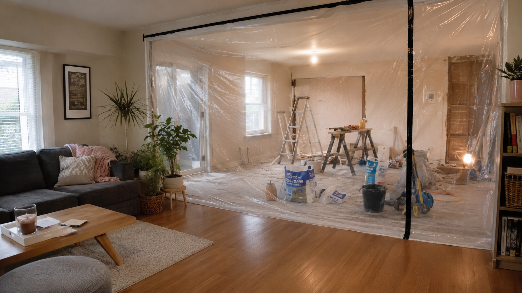 Family home live-in renovation in Dublin with an occupied living area separated from the work zone
