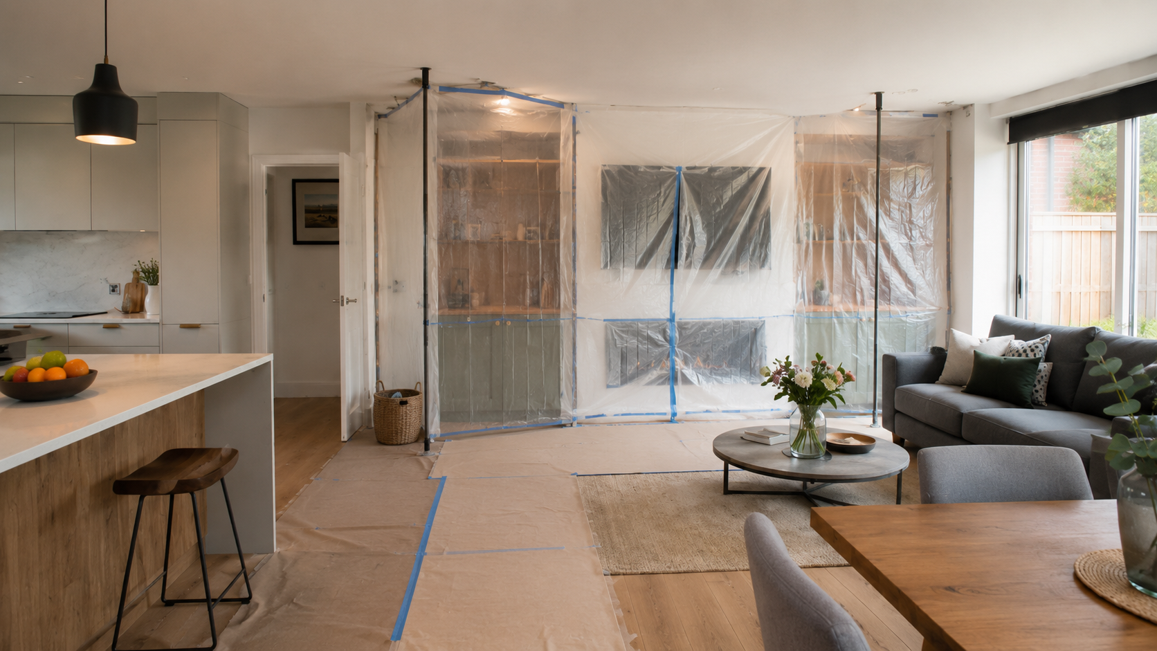 Ground floor renovation dust control in Dublin with protected floors extraction and organised tools