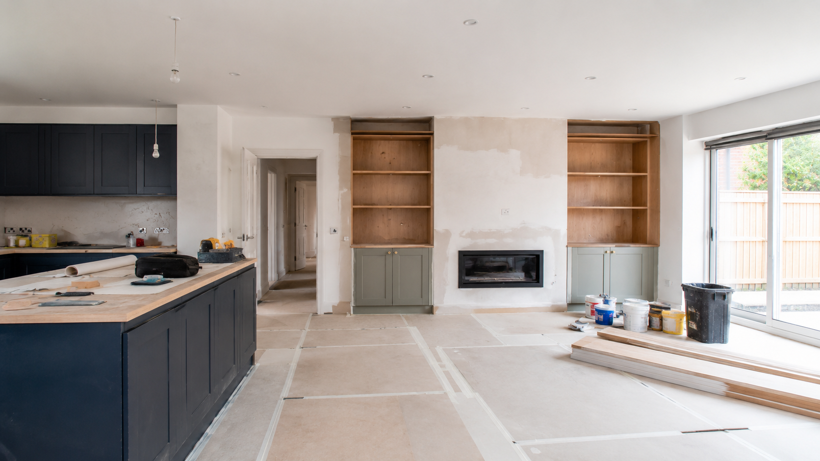 Open plan ground floor renovation in Dublin with kitchen dining and living areas being connected